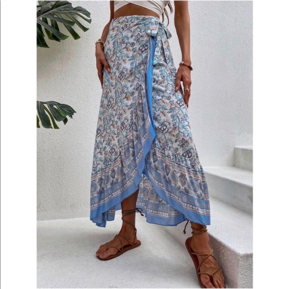 Boho Floral Print Ruffle Wrap Maxi Skirt - Picture 8 of 12